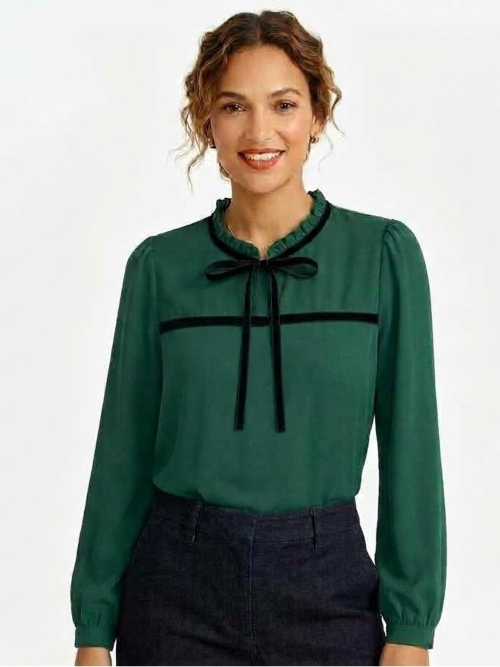 J. Crew Academic Green Ruffle Tie-Neck Blouse with Black Velvet Trim